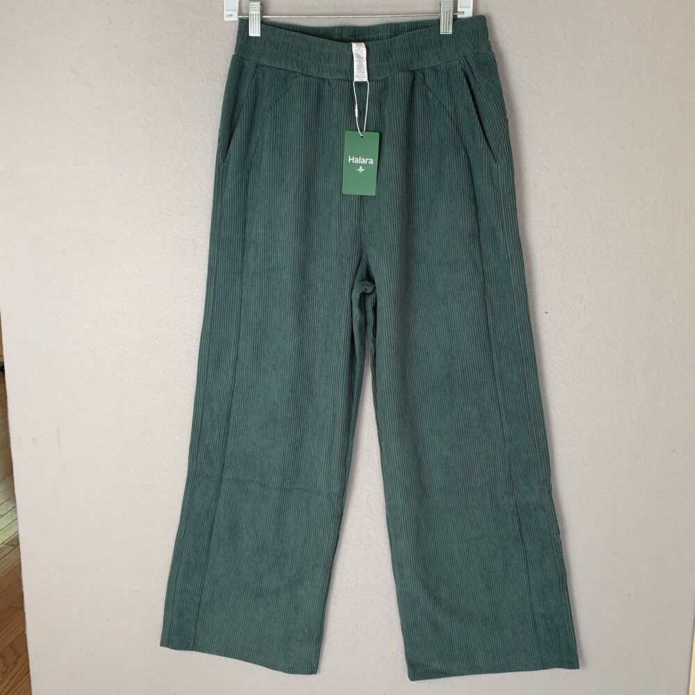 Halara Pants Women Medium Green High Waisted Pocket Straight Baggy Mop Corduroy